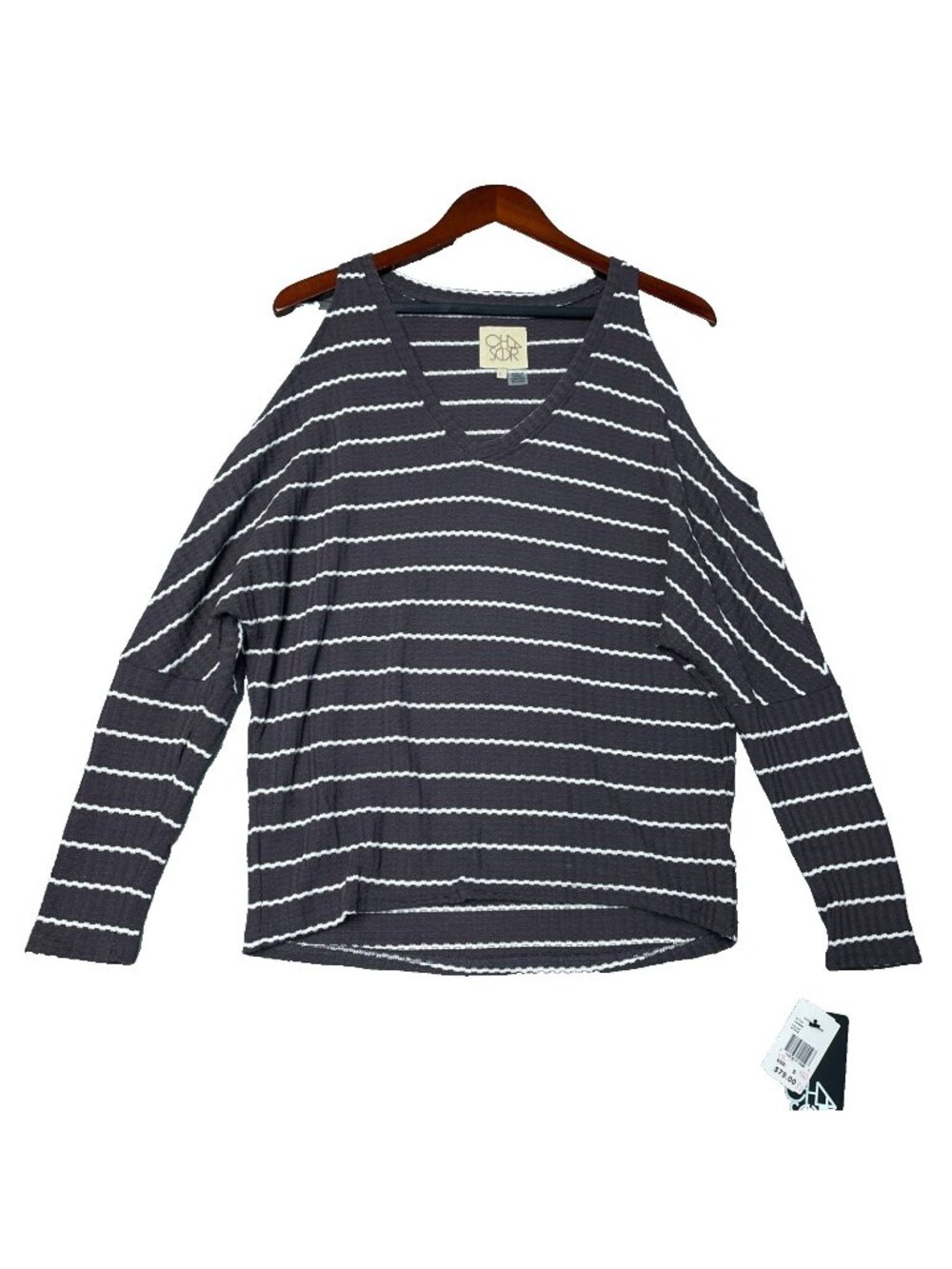 NWT Chasor Women's Cold Shoulder Striped Waffle Knit Top S Black & White i1829